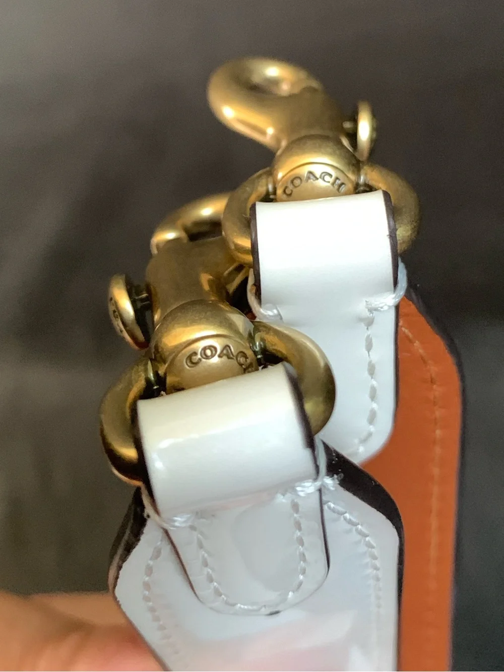 Coach White Patent Leather & Brown Leather Purse Strap w/Embossed Gold Hardware